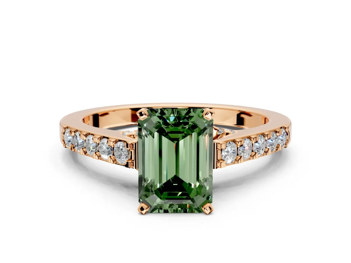 Solitaire Engagement Ring Setting for Fancy Green Emerald Cut Center with Crossover Accents and Prong Head in Rose Gold