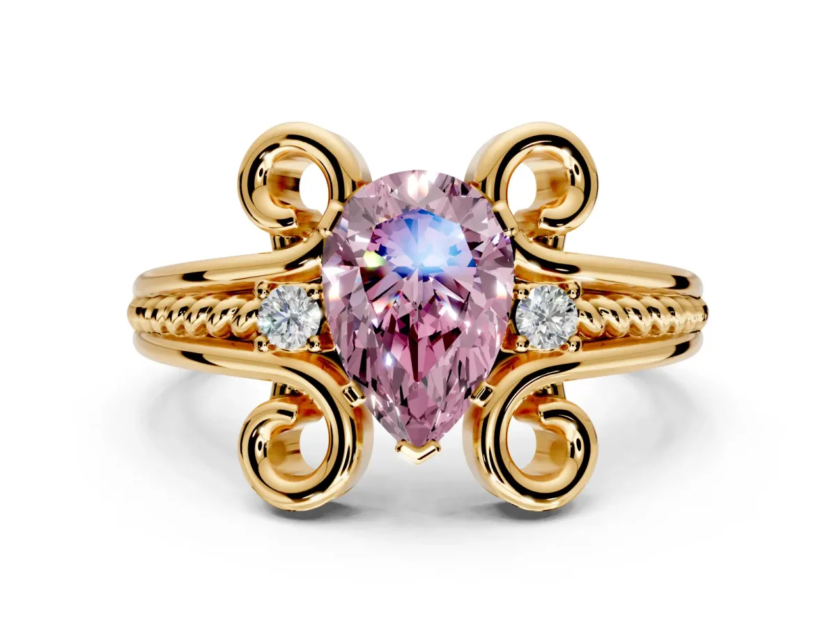 Solitaire Engagement Ring Setting for Fancy Pink Pear-Shaped Center with Twisted Band and Scroll Prong Head in Yellow Gold