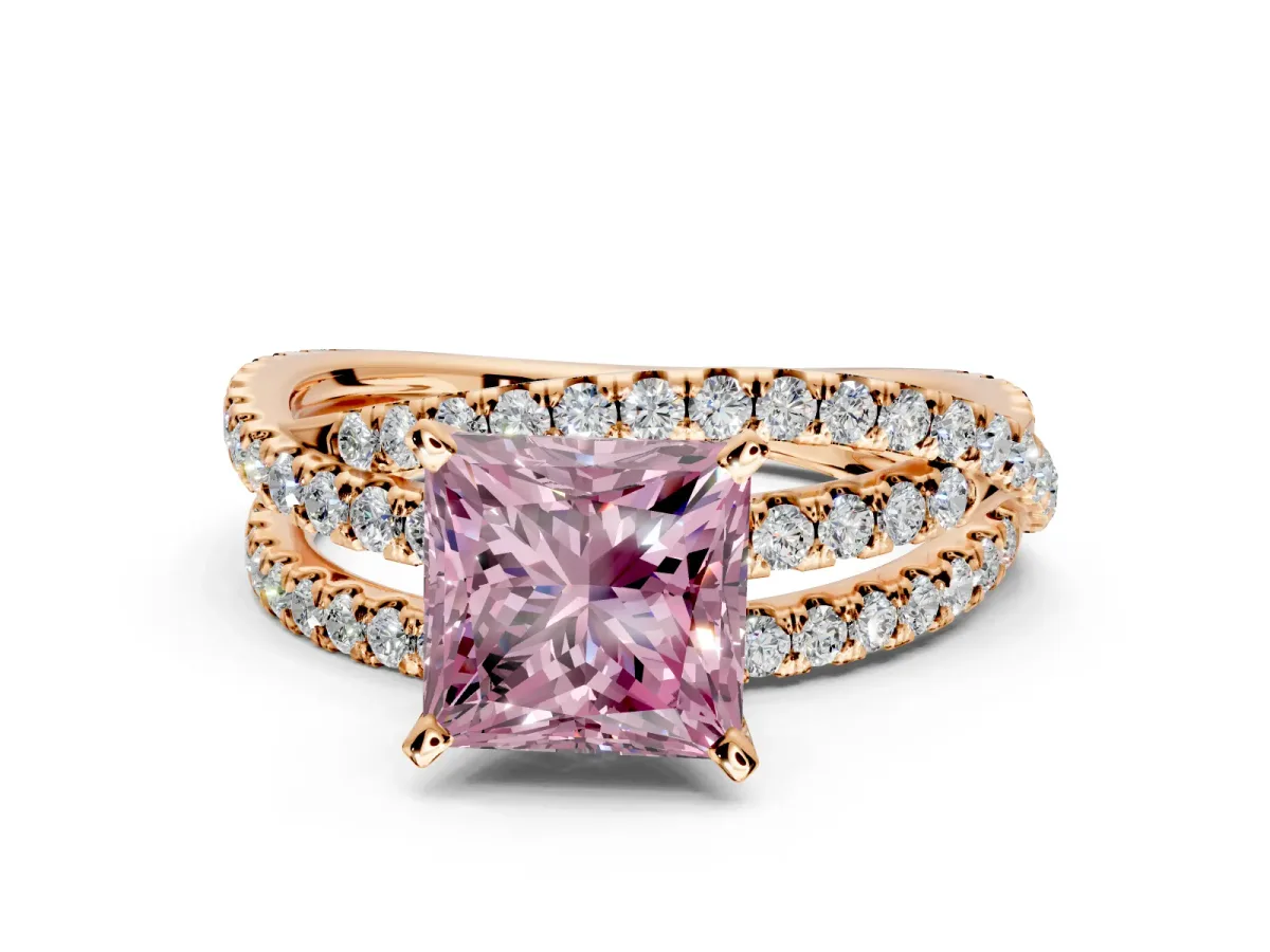 Solitaire Engagement Ring Setting for Fancy Pink Princess Cut Center with Woven 3-Strand Pave Band and Prong Head in Rose Gold