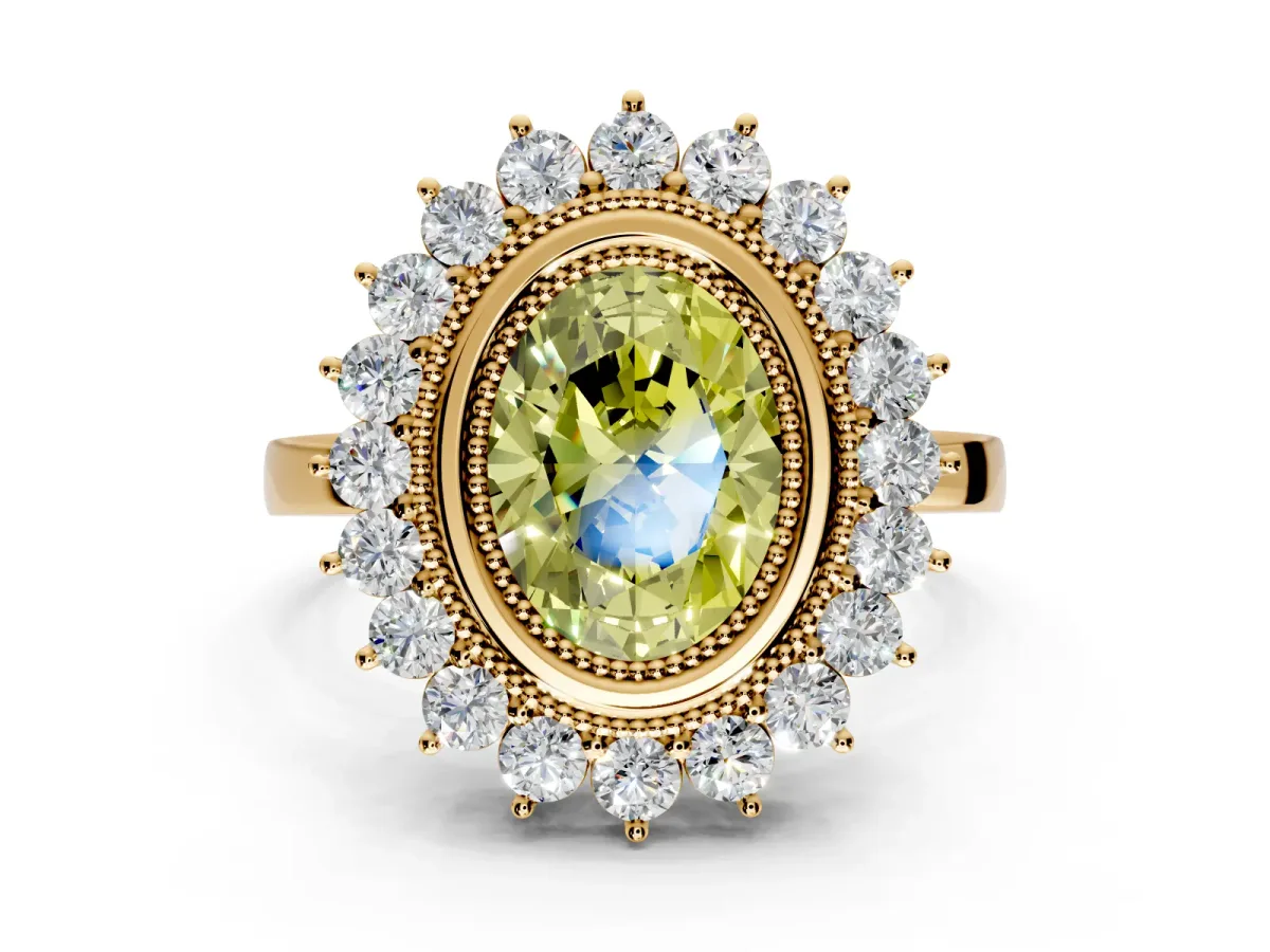 Halo Engagement Ring Setting for Fancy Yellow Oval Center with Milgrain Bezel Rim, Plain Band and Prong Head in Yellow Gold