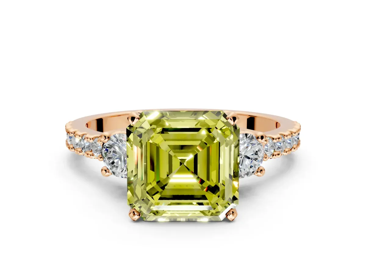3 Stone Engagement Ring Setting for Fancy Yellow Asscher Cut Center with Round Cut Side Accents and Prong Head in Rose Gold