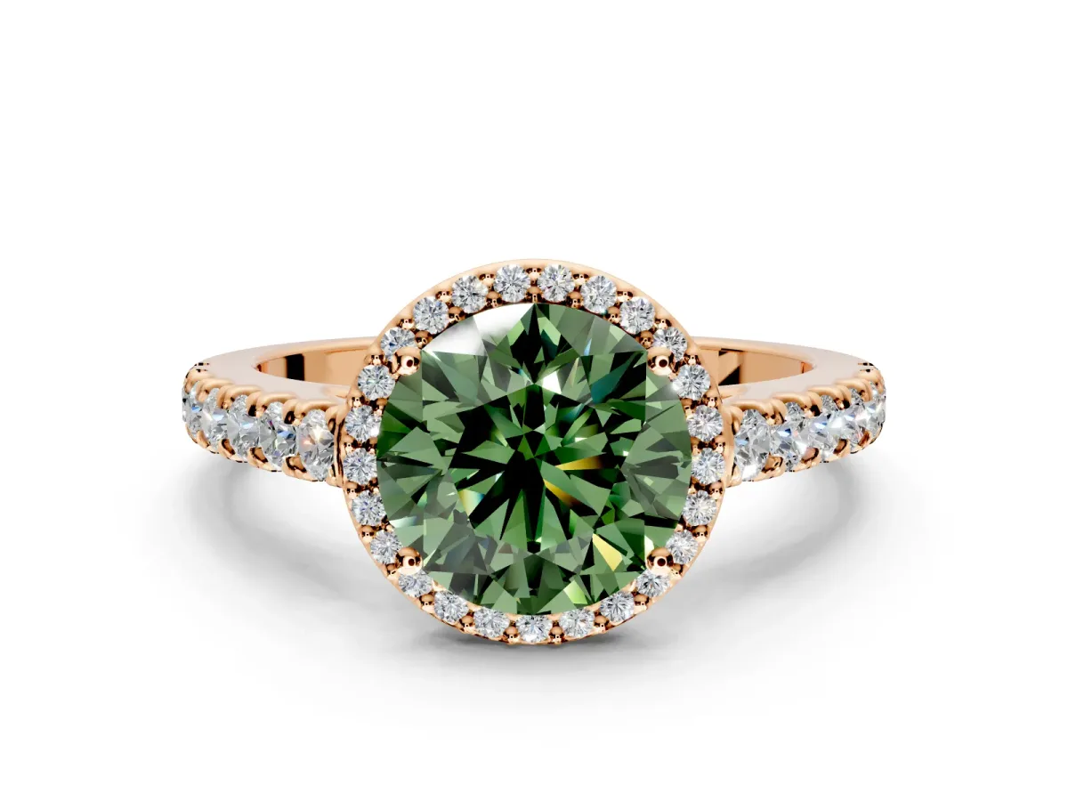 Halo Engagement Ring Setting for Fancy Green Round Cut Center with Full Pave Band and Prong Head in Rose Gold