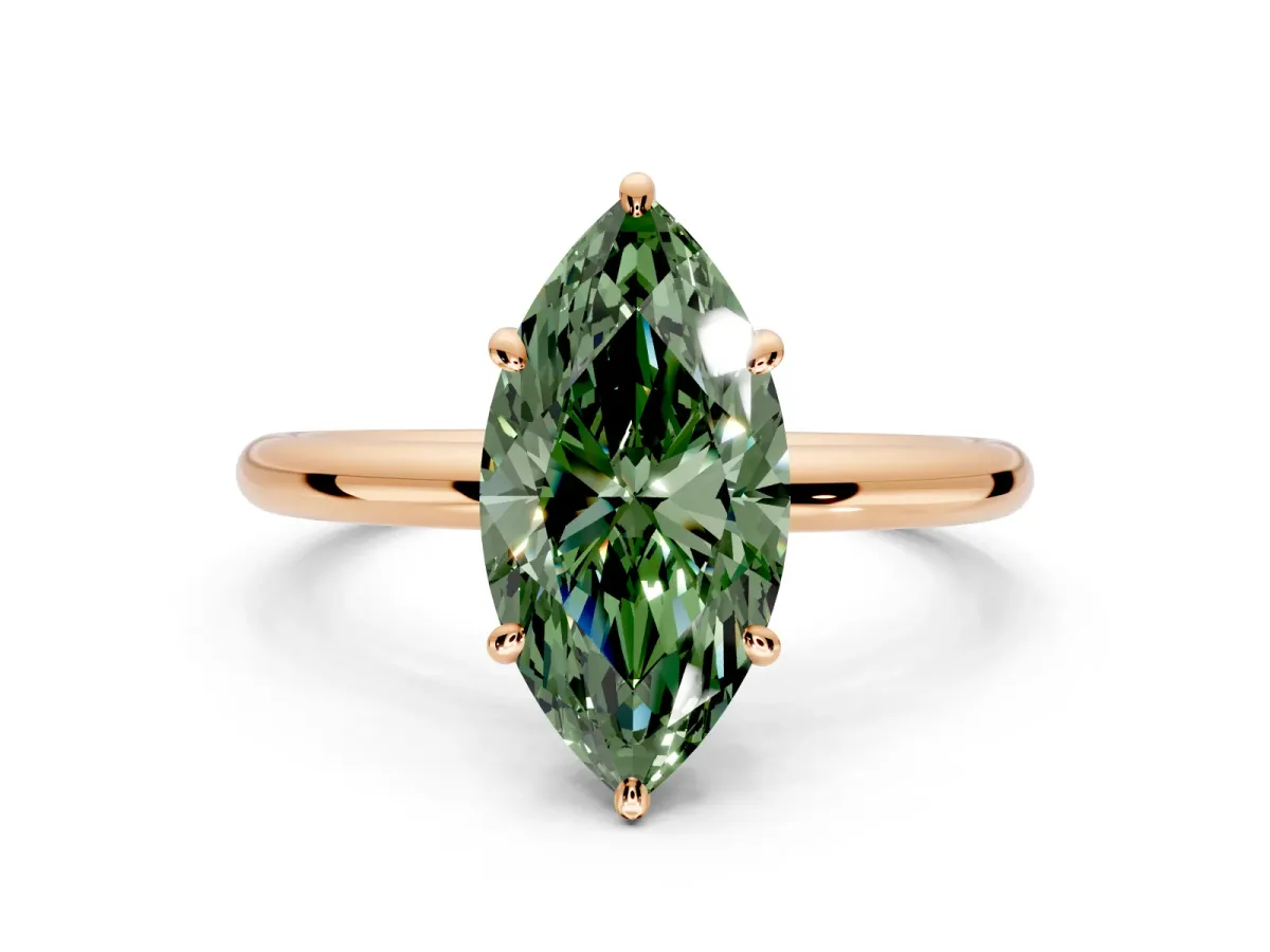 Low-Set Solitaire Engagement Ring Setting for Fancy Green Oval Center with Thin Plain Band and Prong Head in Rose Gold