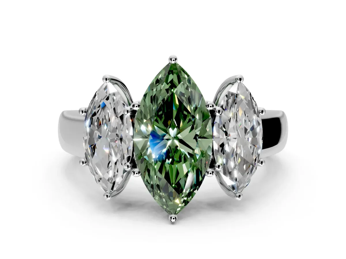 3 Stone Engagement Ring Setting for Fancy Green Marquise Center with Raised Basket Heads and Prong Head in Platinum