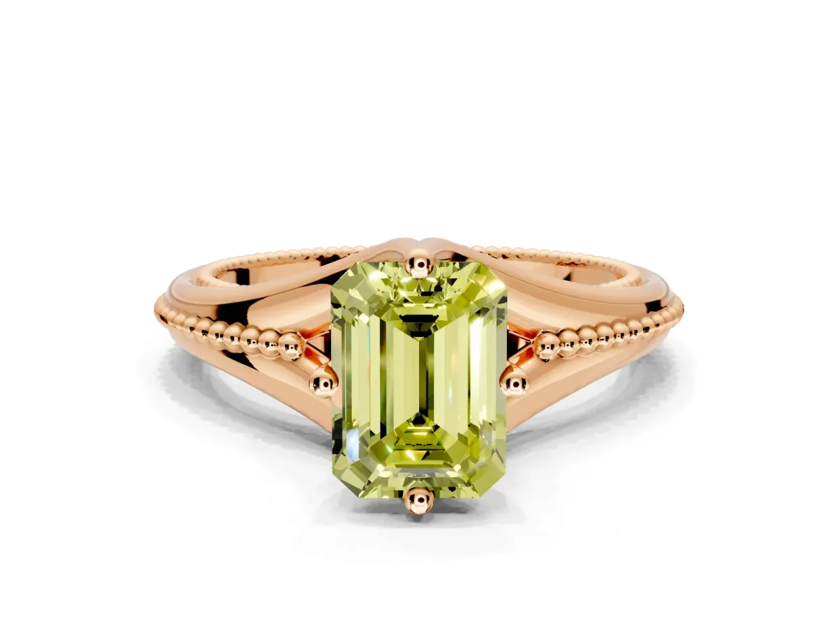 Solitaire Engagement Ring Setting for Fancy Yellow Emerald Cut Center with Milgrain Cathedral Band and Prong Head in Rose Gold