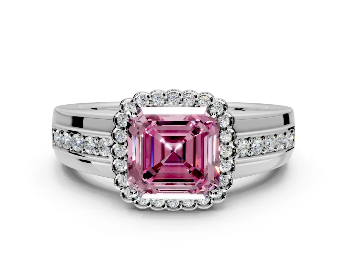 Halo Engagement Ring Setting for Fancy Pink Asscher Cut Center with Wide Band, Inlaid Accent Row and Prong Head in Platinum