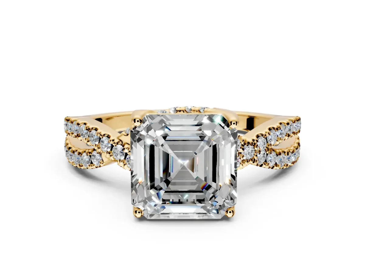 Solitaire Engagement Ring Setting for Asscher Cut Center with Narrow Twist Pave Band and Prong Head in Yellow Gold