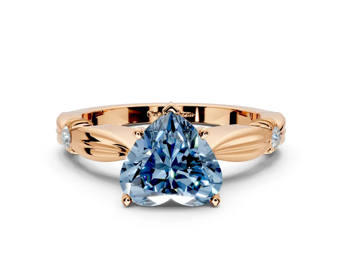 Solitaire Engagement Ring Setting for Fancy Blue Heart-Shaped Center with Carved Leaf Shoulders and Prong Head in Rose Gold