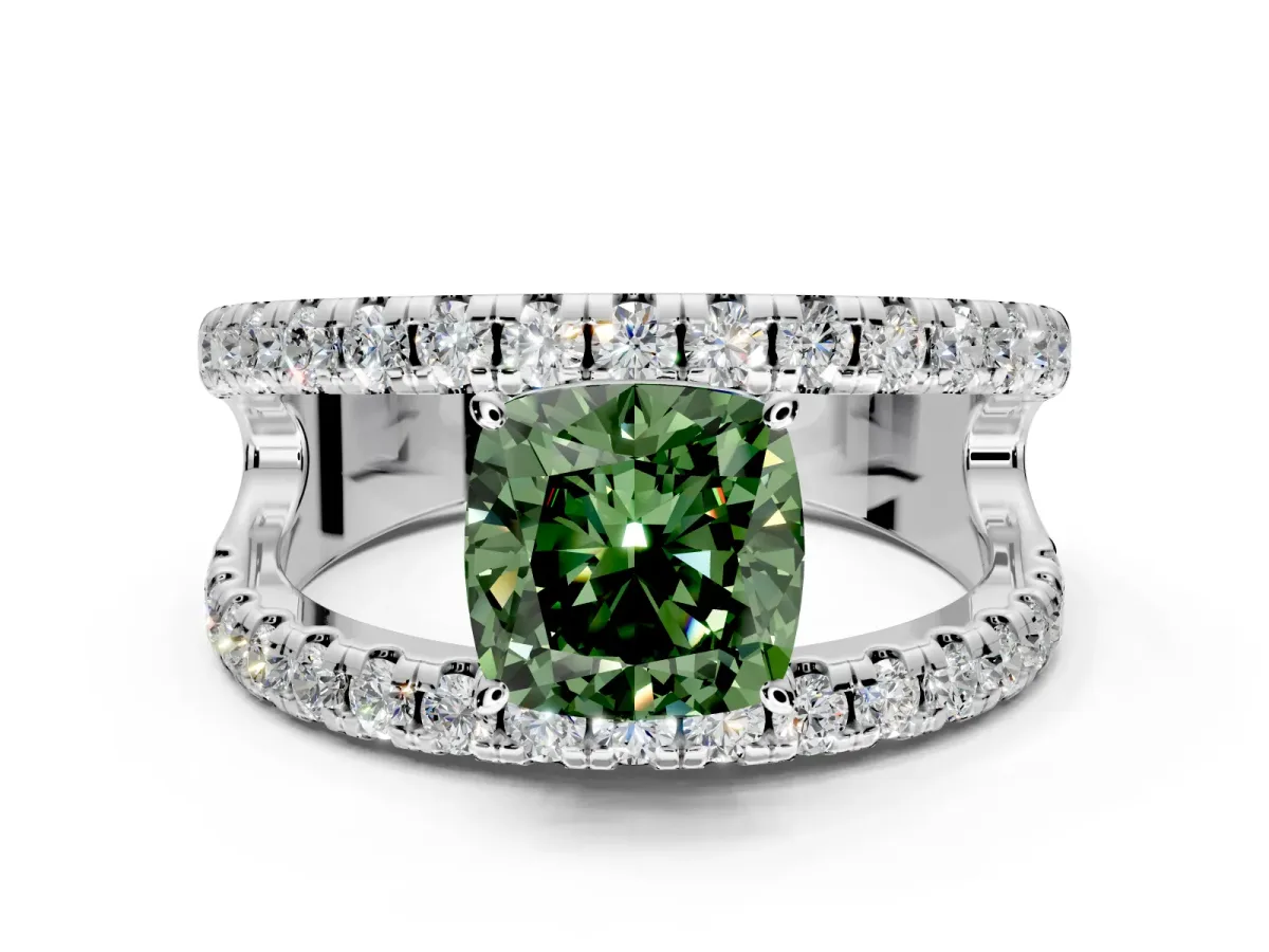 Solitaire Engagement Ring Setting for Fancy Green Cushion Cut Center with Wide-Open Split Shank and Prong Head in Platinum