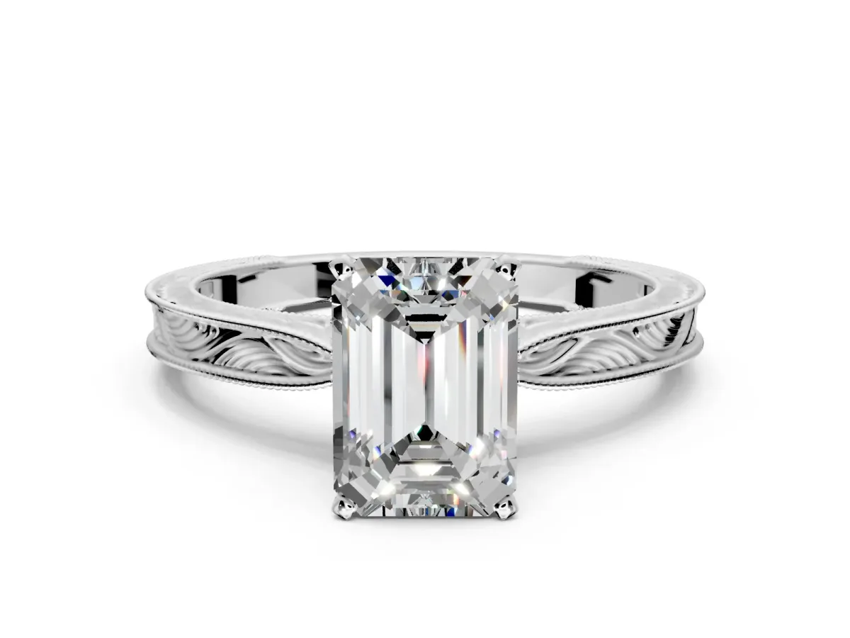 Solitaire Engagement Ring Setting for Emerald Cut Center with Engraved Milgrain Band and Prong Head in Sterling Silver