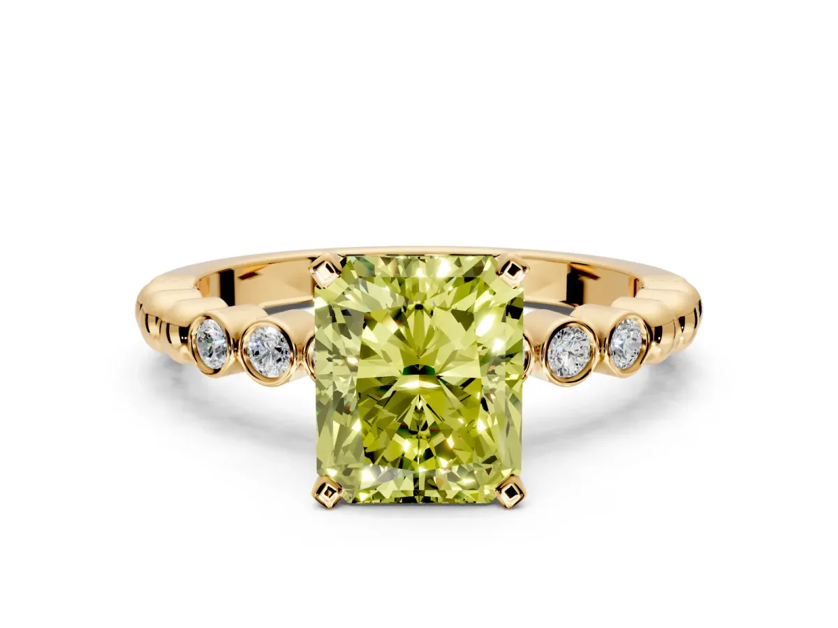 Solitaire Engagement Ring Setting for Fancy Yellow Radiant Cut Center with Bezel-Dot Beaded Band and Prong Head in Yellow Gold