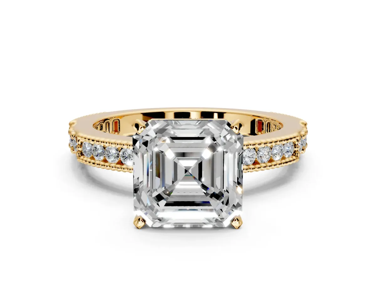 Solitaire Engagement Ring Setting for Asscher Cut Center with Milgrain-Edged Pave Band and Prong Head in Yellow Gold