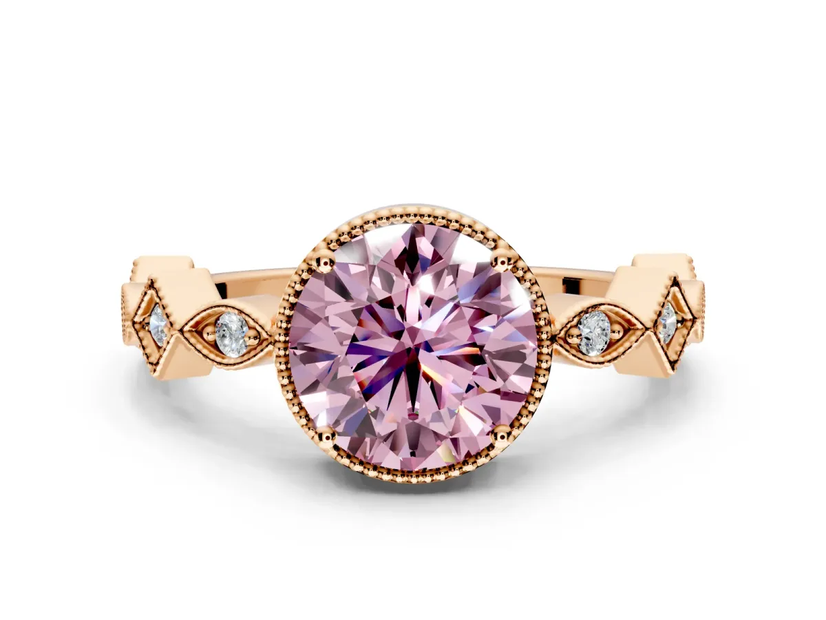 Milgrain Bezel Engagement Ring Setting for Fancy Pink Round Cut Center with Marquise Stations and Bezel Head in Rose Gold
