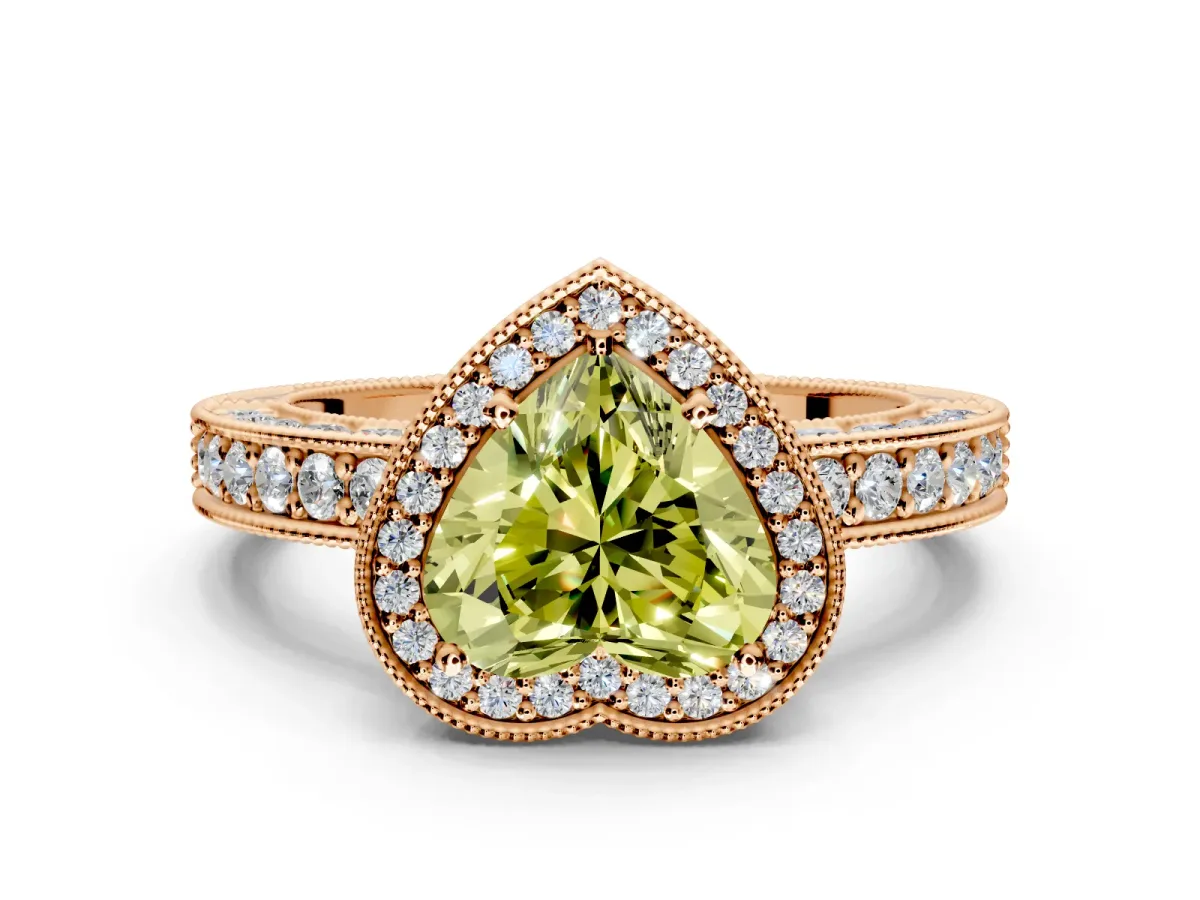 Milgrain Halo Engagement Ring Setting for Fancy Yellow Heart-Shaped Center with Wide Pave Band and Prong Head in Rose Gold