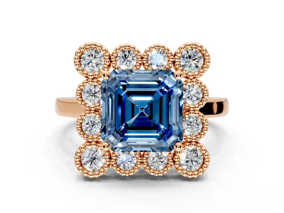 Cluster Halo Engagement Ring Setting for Fancy Blue Asscher Cut Center with Milgrain Bezel Accents and Prong Head in Rose Gold