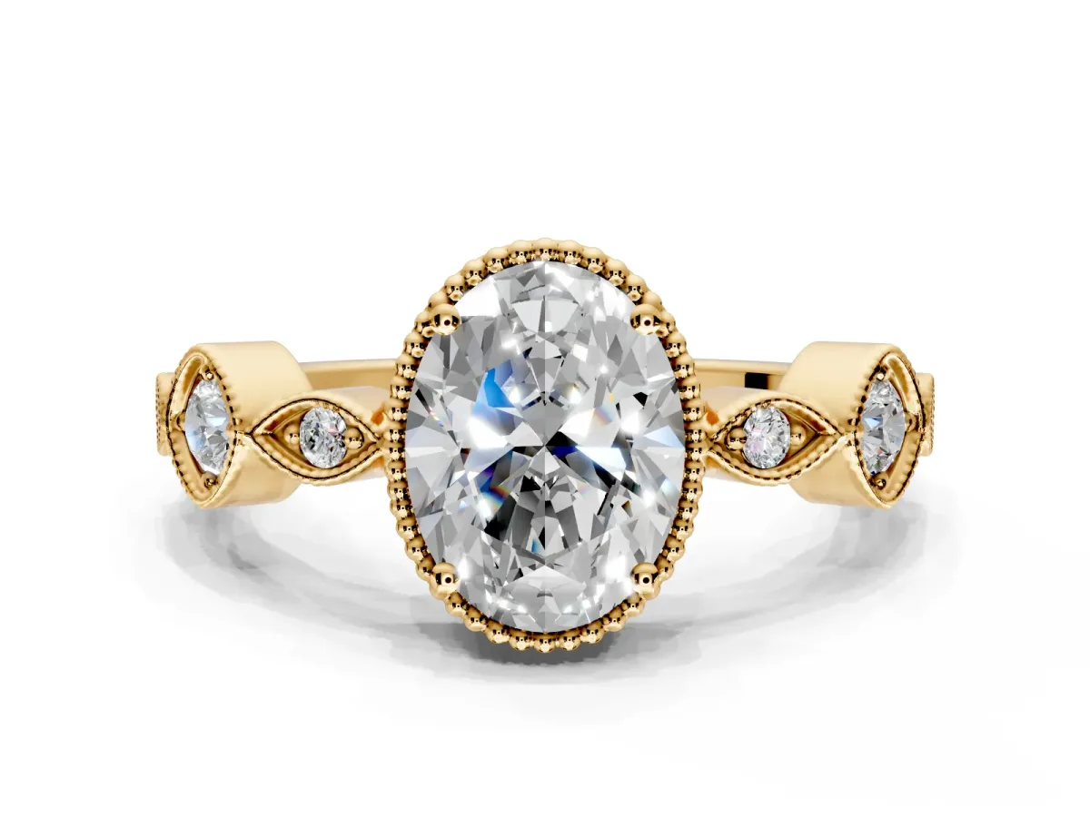 Vintage Station Engagement Ring Setting for Oval Center with Accents and Prong Head in Yellow Gold