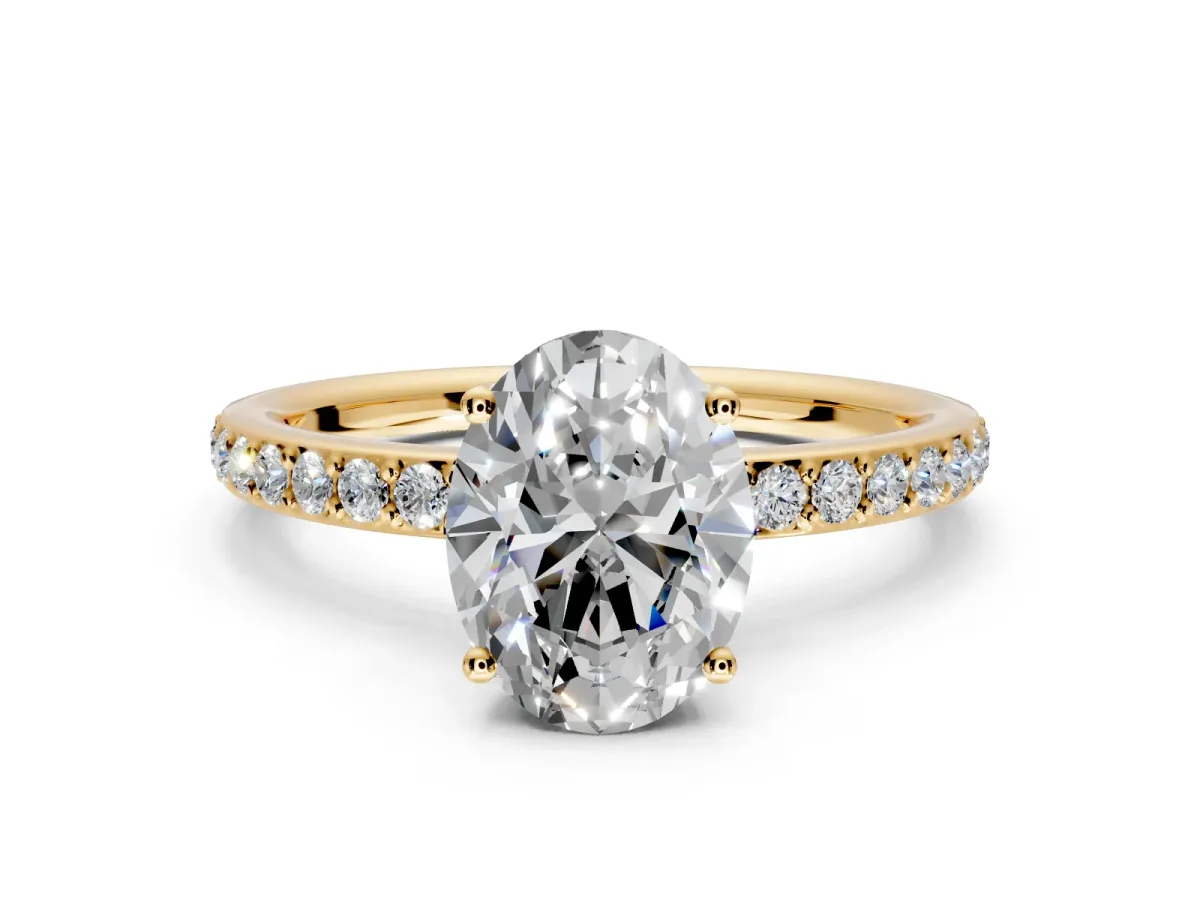 Solitaire Engagement Ring Setting for Oval Center with Fine Pave Band and Prong Head in Yellow Gold