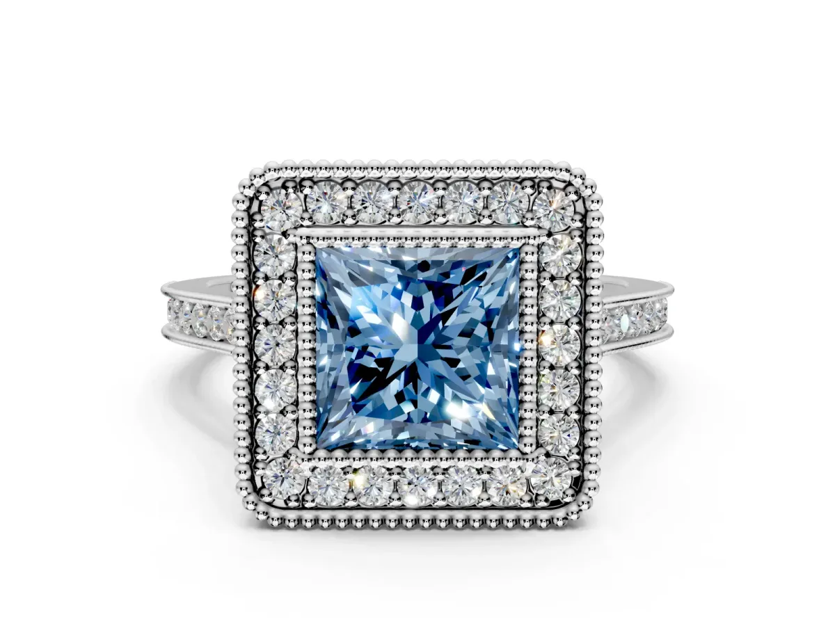 Halo Engagement Ring Setting for Fancy Blue Princess Cut Center with Milgrain Frame, Pave Band and Prong Head in Platinum