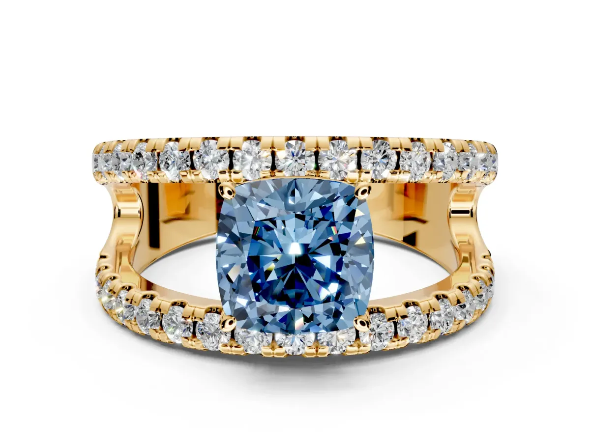 Solitaire Engagement Ring Setting for Fancy Blue Cushion Cut Center with Wide-Open Split Shank and Prong Head in Yellow Gold