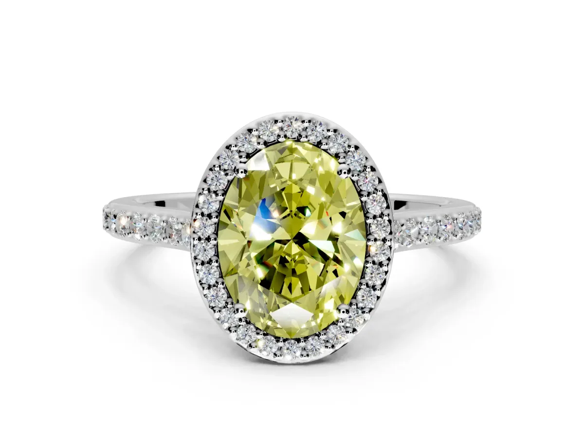 Halo Engagement Ring Setting for Fancy Yellow Oval Center with Pave Accents, Heart Basket and Prong Head in Platinum