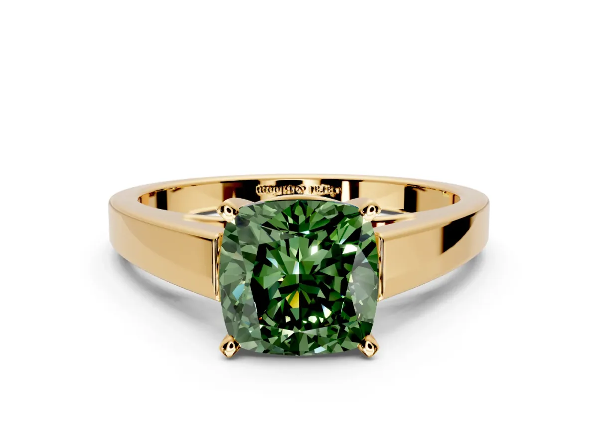 Solitaire Engagement Ring Setting for Fancy Green Cushion Cut Center with Tapered Split Shoulders and Prong Head in Yellow Gold