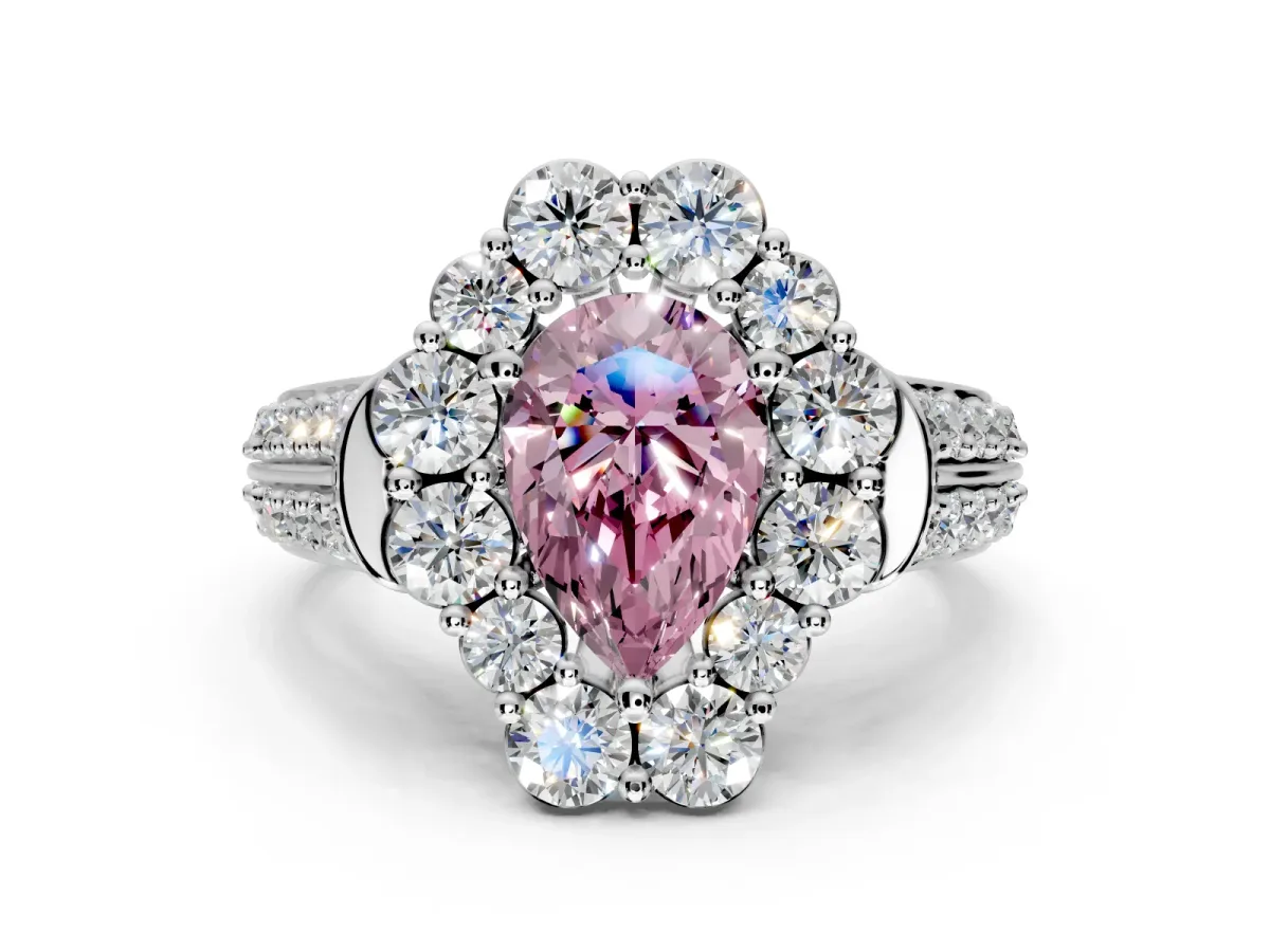 Large Accent Halo Engagement Ring Setting for Fancy Pink Pear-Shaped Center with Pave Split Shank and Prong Head in Sterling Silver
