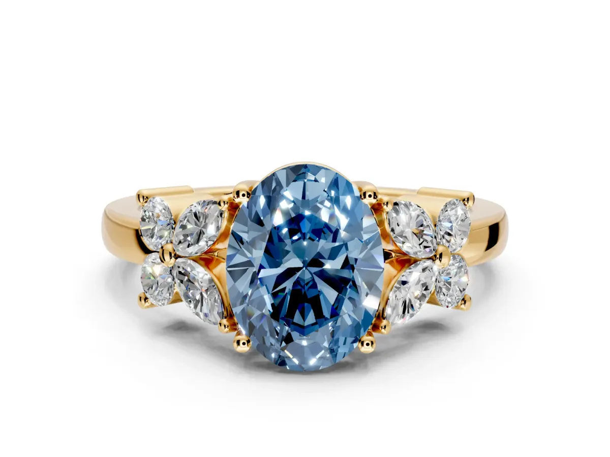 Floral Engagement Ring Setting for Fancy Blue Oval Center with Marquise Cluster Shoulders and Prong Head in Yellow Gold