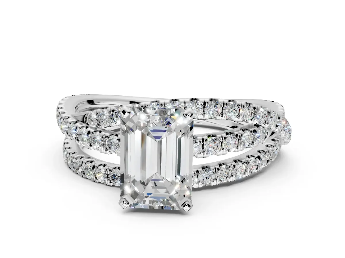 Solitaire Engagement Ring Setting for Emerald Cut Center with Woven 3-Strand Pave Band and Prong Head in Platinum
