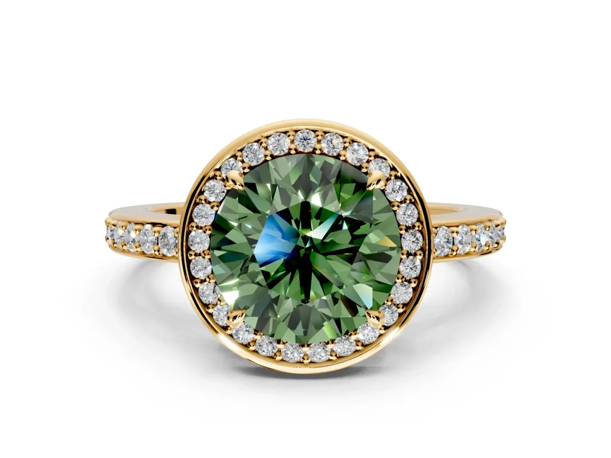 Halo Engagement Ring Setting for Fancy Green Round Cut Center with Metal-Rimmed Halo, Pave Band and Prong Head in Yellow Gold