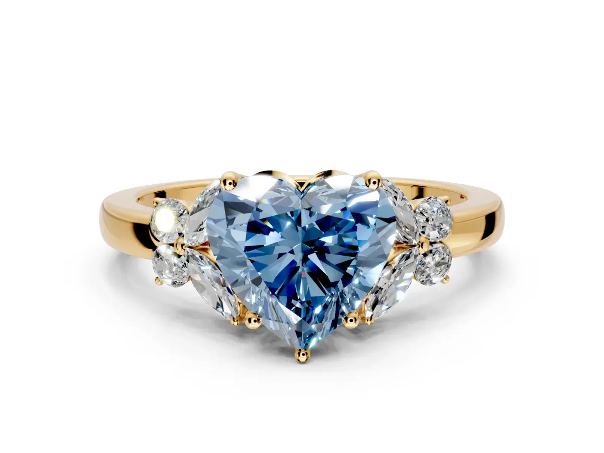 Solitaire Engagement Ring Setting for Fancy Blue Heart-Shaped Center with Marquise Flower Shoulders and Prong Head in Yellow Gold