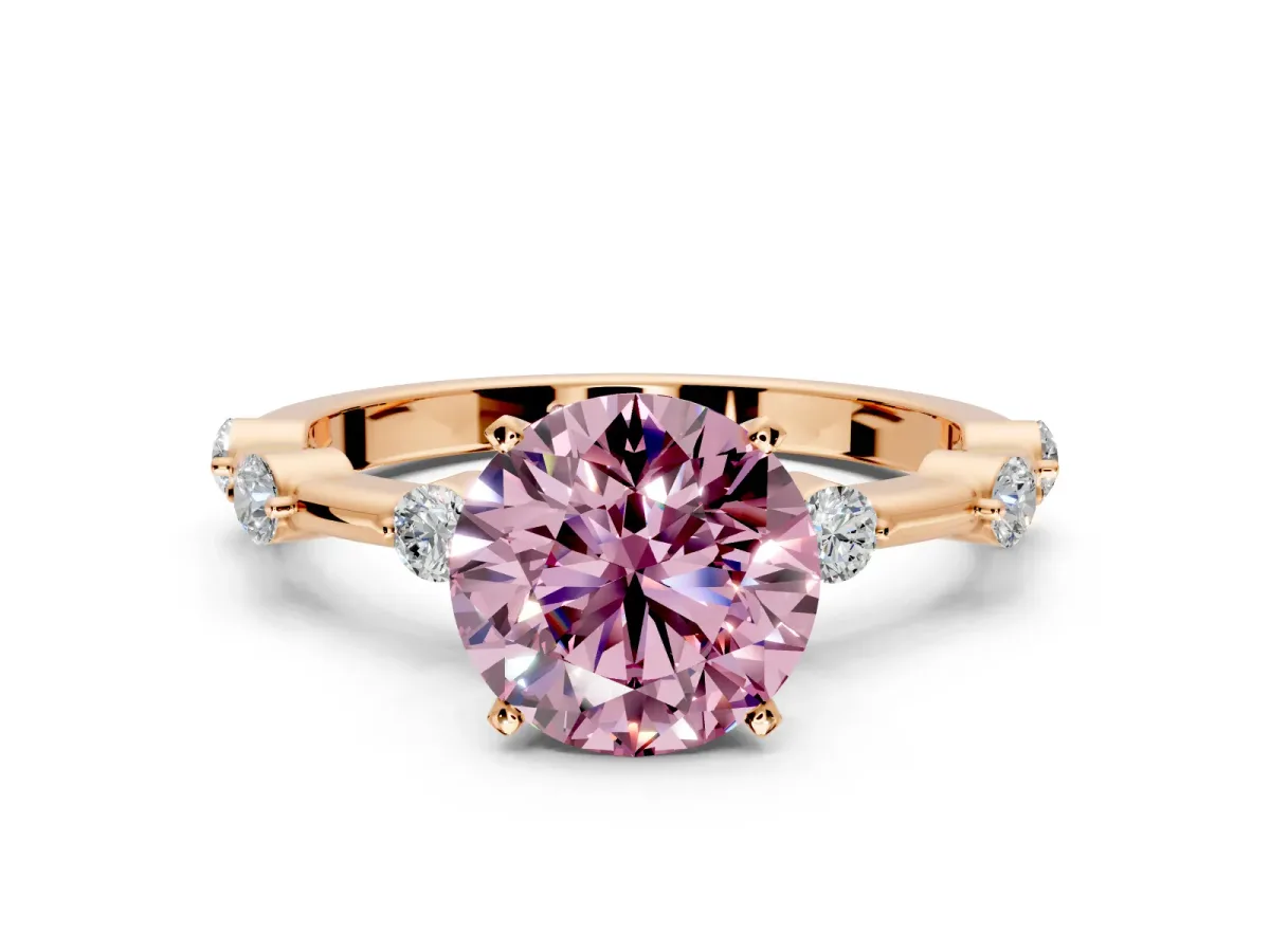 Solitaire Engagement Ring Setting for Fancy Pink Round Cut Center with Bezel Station Band and Prong Head in Rose Gold