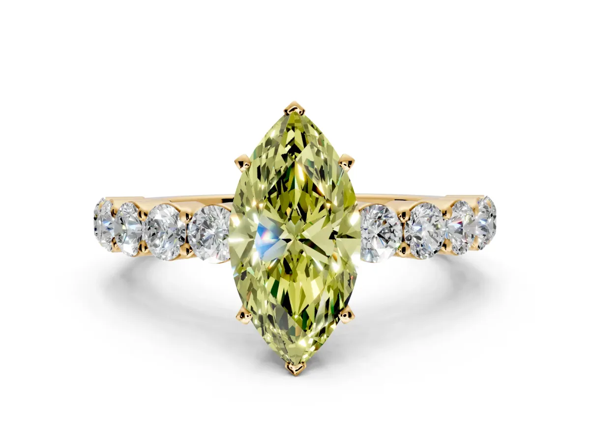 Shared-Prong Engagement Ring Setting for Fancy Yellow Marquise Center with Graduated Accents and Prong Head in Yellow Gold
