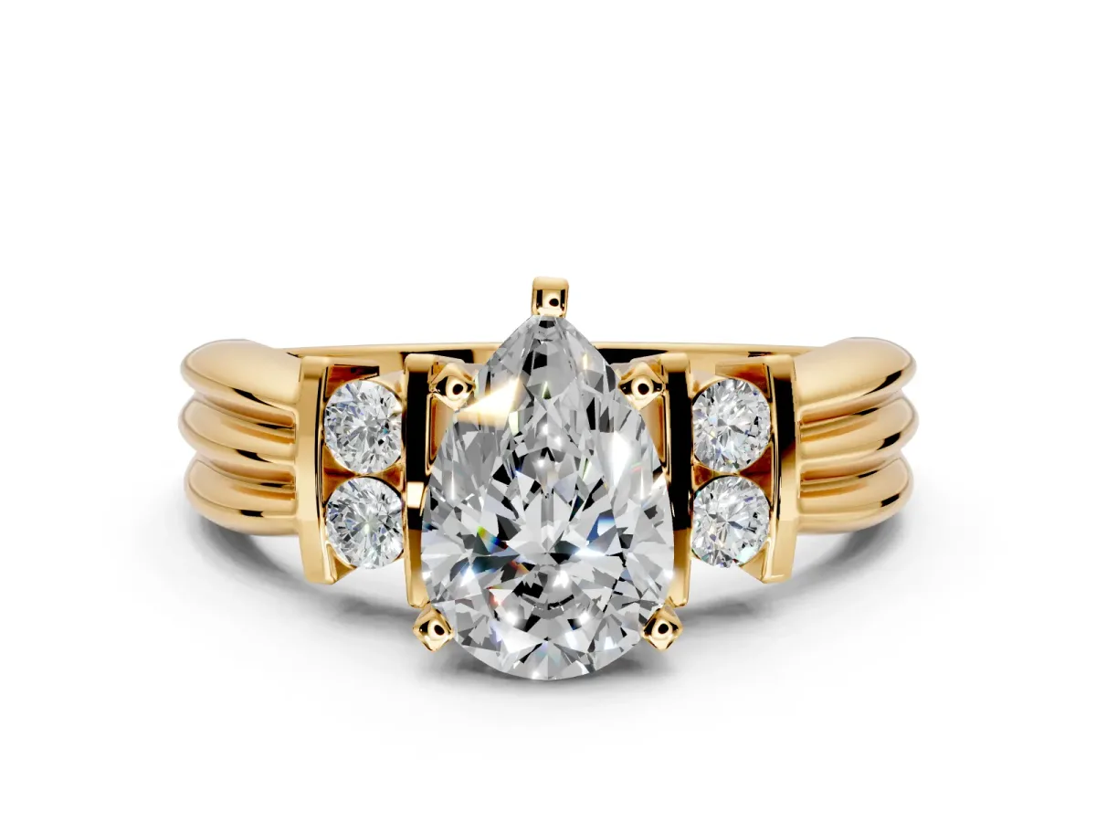 Solitaire Engagement Ring Setting for Pear-Shaped Center with Grooved Bar Accent Band and Prong Head in Yellow Gold