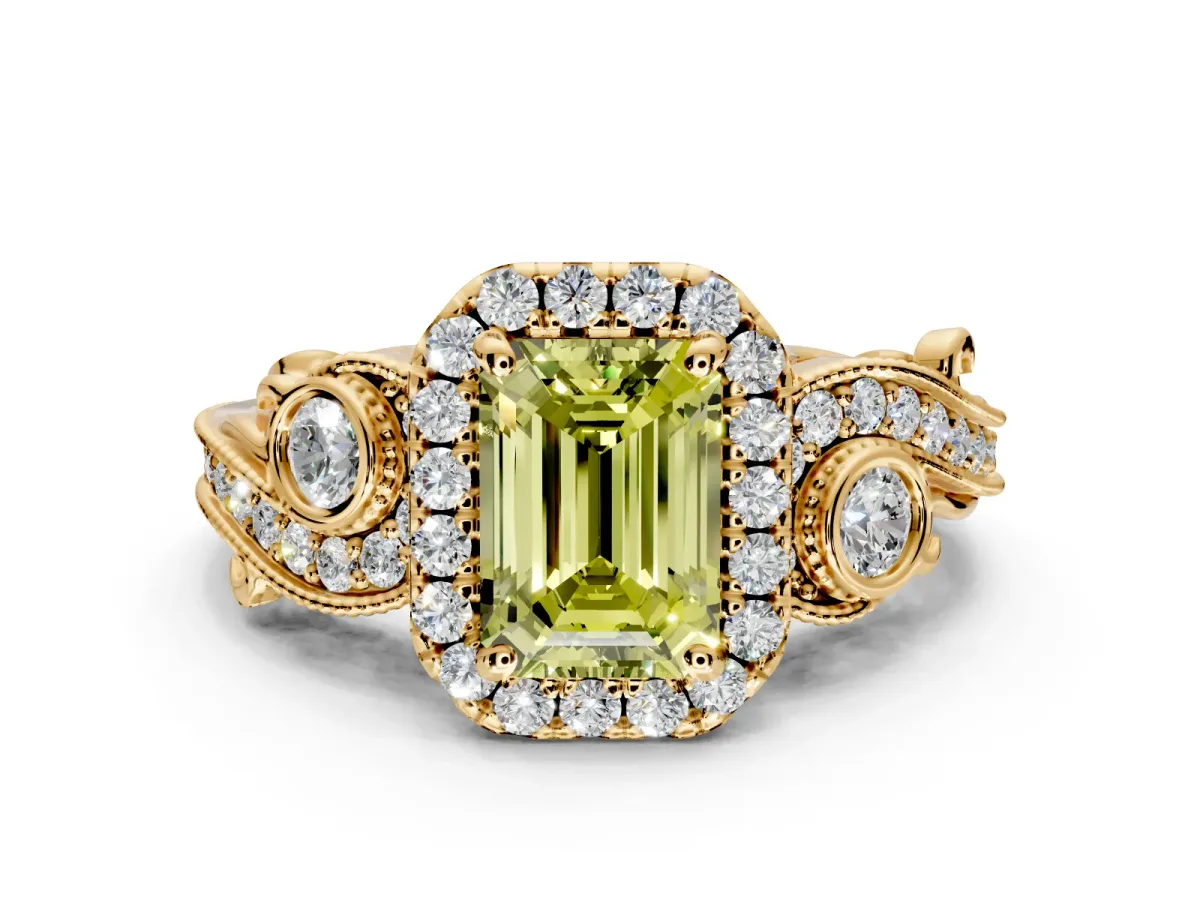 Milgrain Halo Engagement Ring Setting for Fancy Yellow Emerald Cut Center with Shoulder Bezels and Prong Head in Yellow Gold