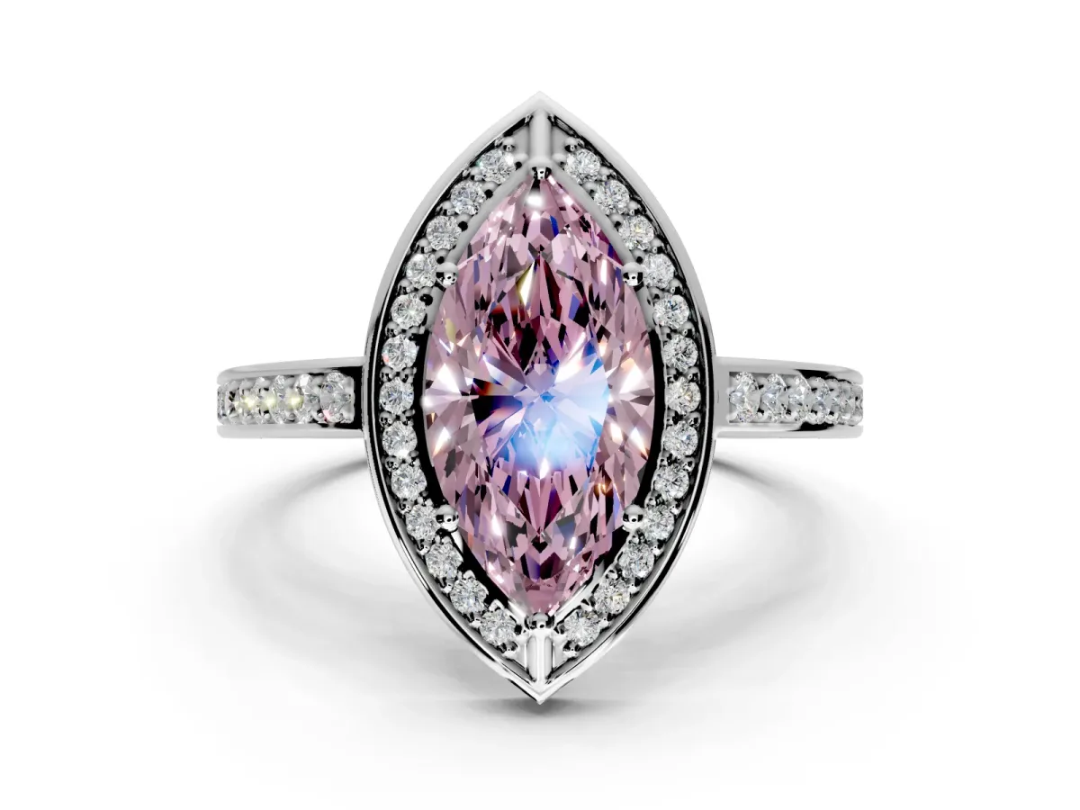 Halo Engagement Ring Setting for Fancy Pink Marquise Center with Framed Halo, Pave Band and Prong Head in White Gold