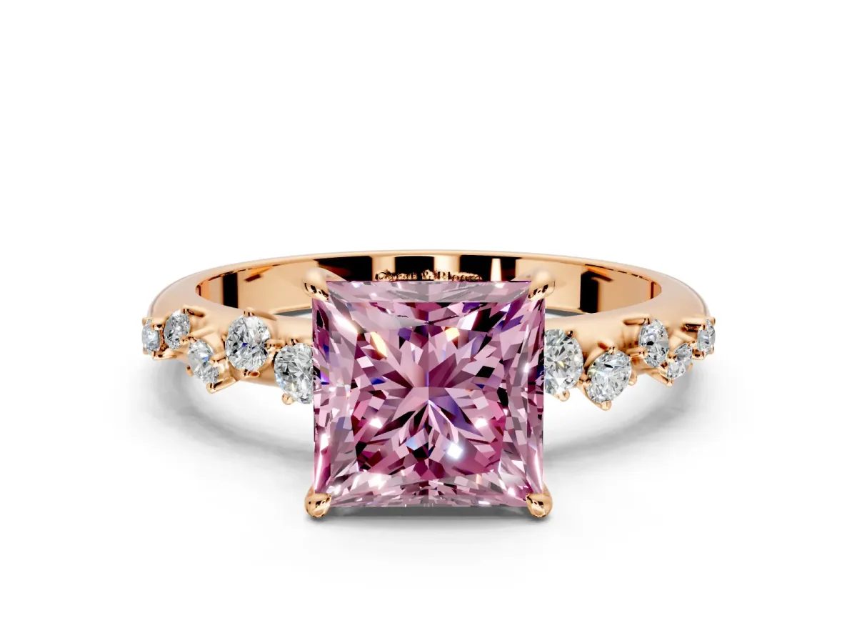 Cluster Engagement Ring Setting for Fancy Pink Princess Cut Center with Round Cut Accent Band and Prong Head in Rose Gold