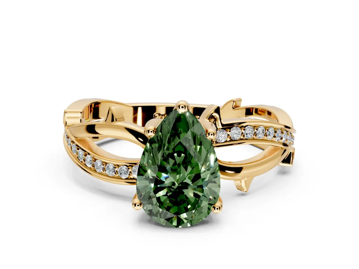Solitaire Engagement Ring Setting for Fancy Green Pear-Shaped Center with Pave and Plain Crossover Band and Prong Head in Yellow Gold