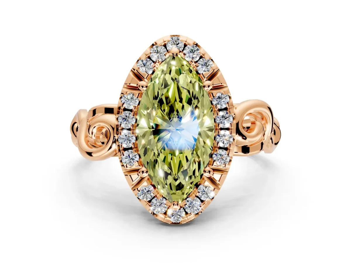 Halo Engagement Ring Setting for Fancy Yellow Marquise Center with Open Scroll Shoulders and Prong Head in Rose Gold