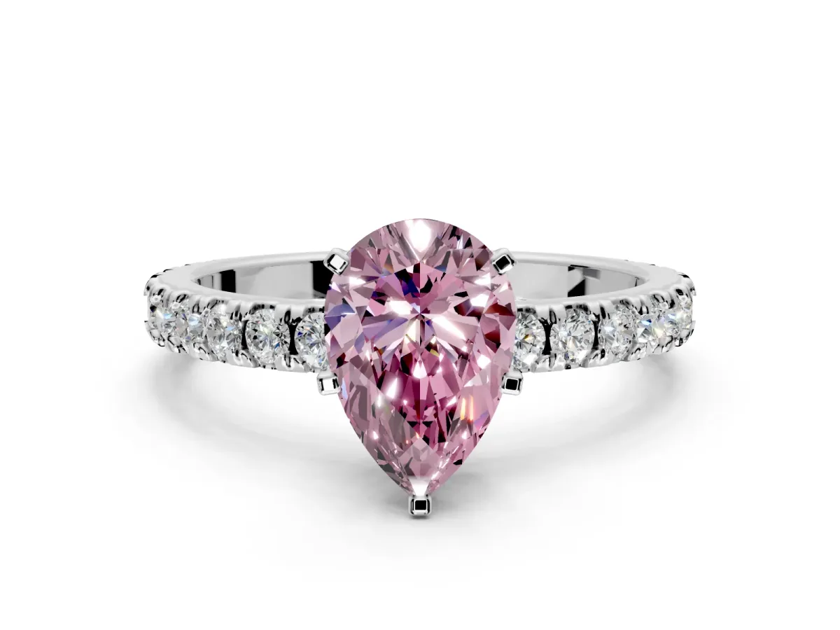 Solitaire Engagement Ring Setting for Fancy Pink Pear-Shaped Center with Fine Pave Band and Claw Prong Head in Sterling Silver