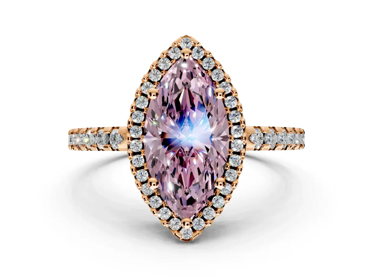Accent Halo Engagement Ring Setting for Fancy Pink Marquise Center with Full-Length Pave Band and Prong Head in Rose Gold
