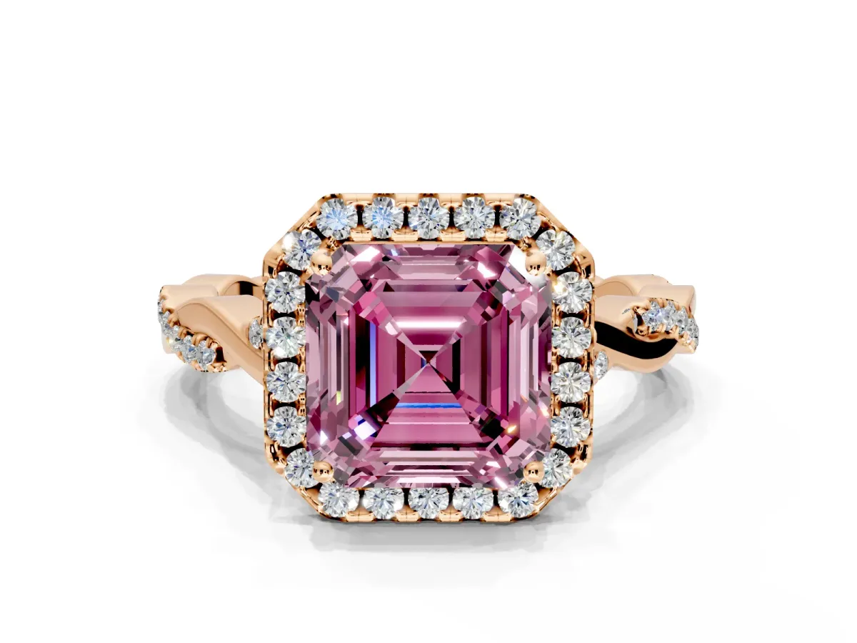 Halo Engagement Ring Setting for Fancy Pink Asscher Cut Center with Twist Band and Prong Head in Rose Gold