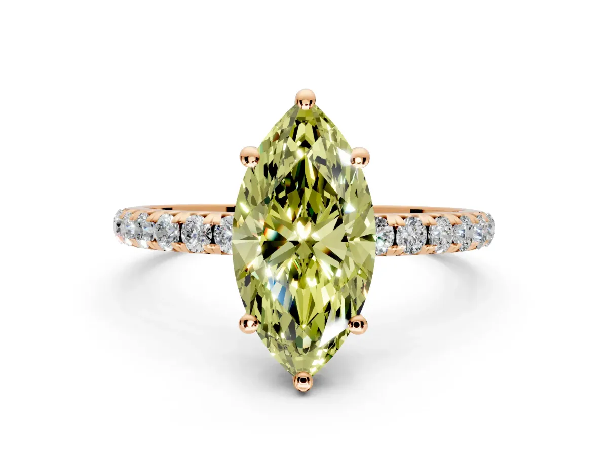 Solitaire Engagement Ring Setting for Fancy Yellow Marquise Center with Micro Pave Band and Prong Head in Rose Gold