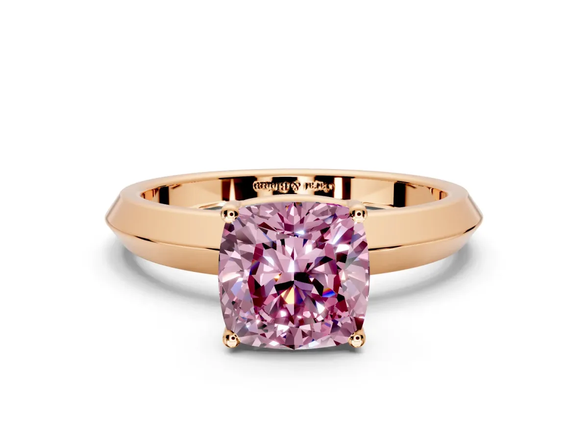 Solitaire Engagement Ring Setting for Fancy Pink Cushion Cut Center with Wide Knife Ridge Band and Prong Head in Rose Gold