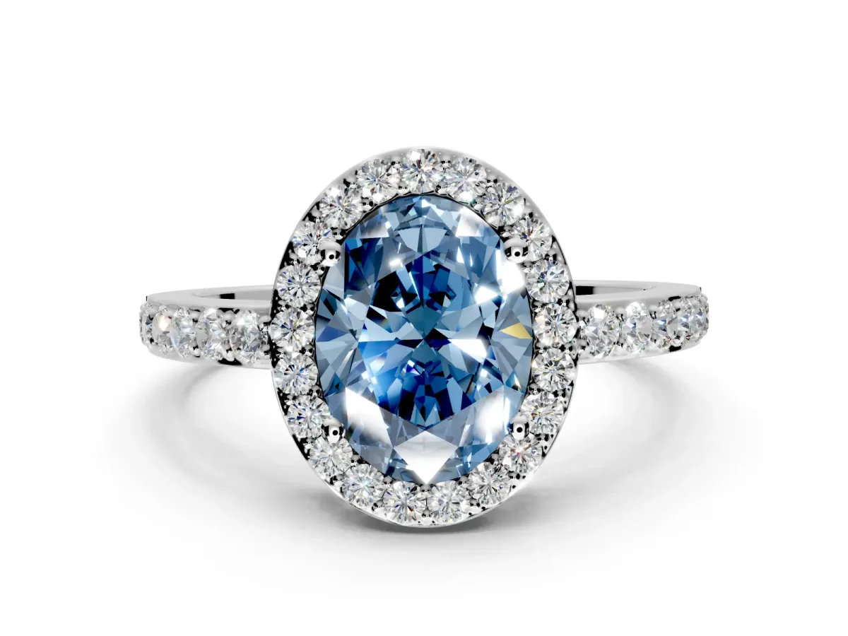 Halo Engagement Ring Setting for Fancy Blue Oval Center with Heart-Shaped Openwork, Pave Band and Prong Head in Platinum