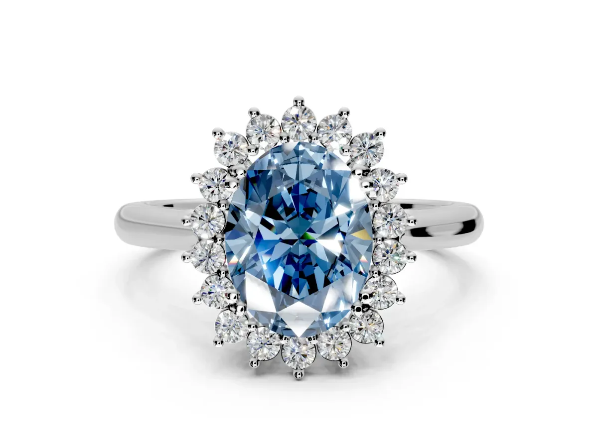 Starburst Halo Engagement Ring Setting for Fancy Blue Oval Center with Thin Round-Wire Band and Prong Head in Sterling Silver