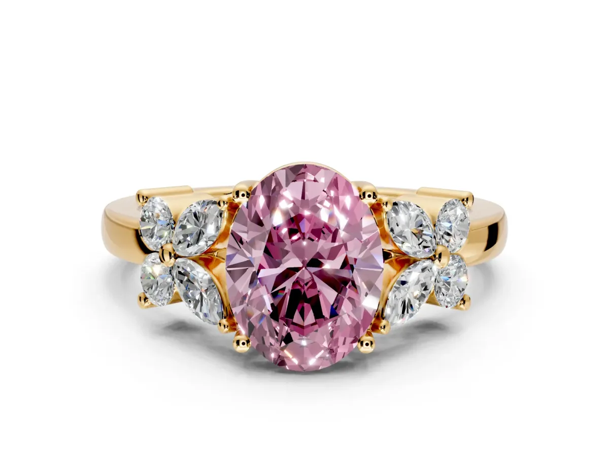 Floral Engagement Ring Setting for Fancy Pink Oval Center with Marquise Cluster Shoulders and Prong Head in Yellow Gold
