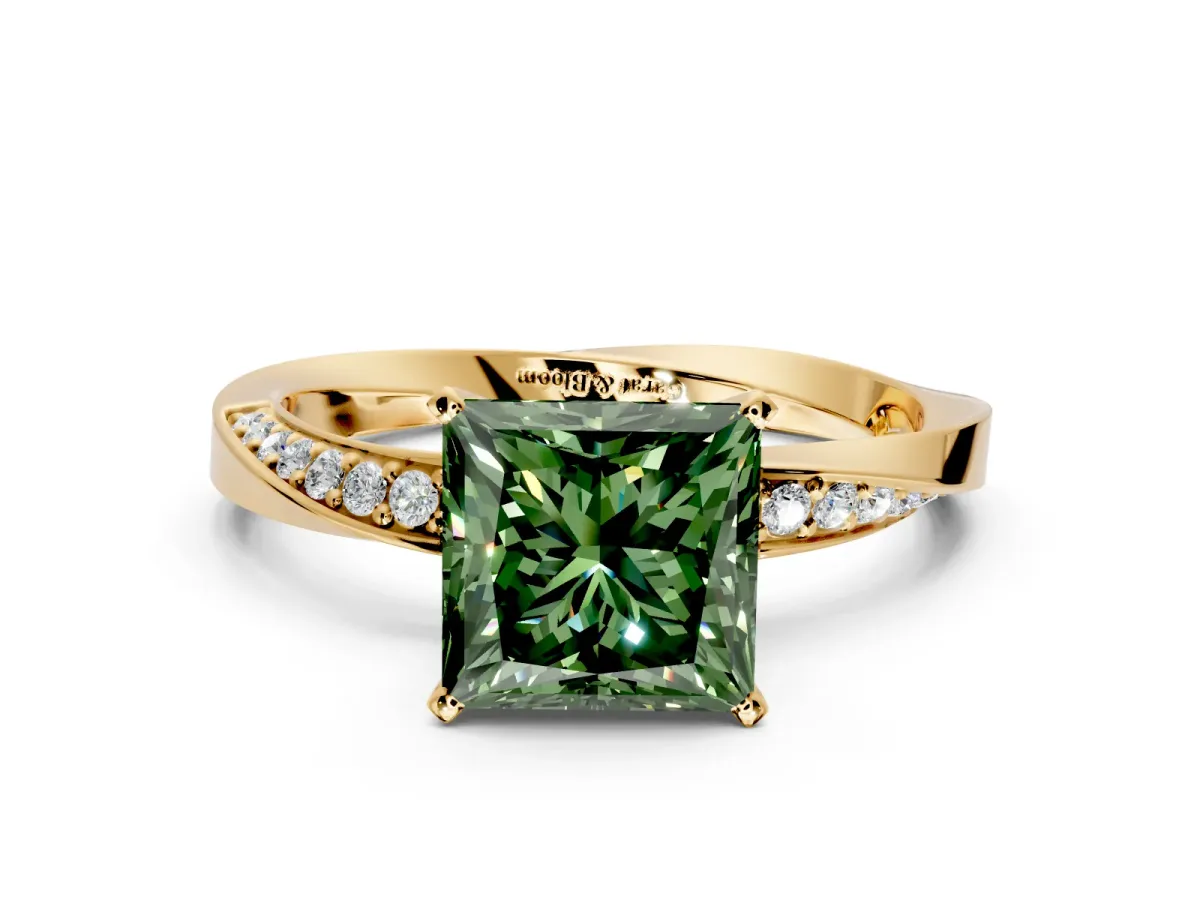 Side Accent Engagement Ring Setting for Fancy Green Princess Cut Center with Accent Shoulders and Prong Head in Yellow Gold
