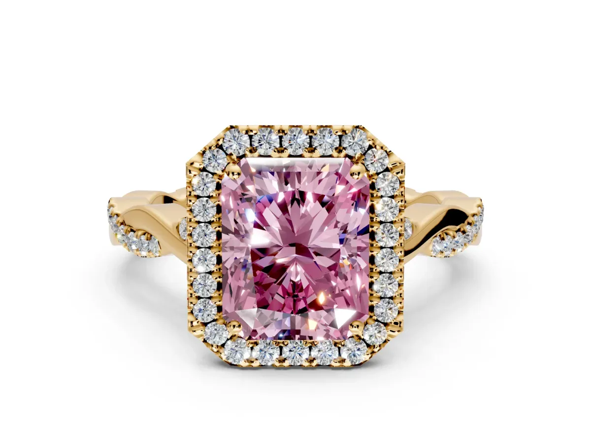 Halo Engagement Ring Setting for Fancy Pink Radiant Cut Center with Twist Band and Prong Head in Yellow Gold