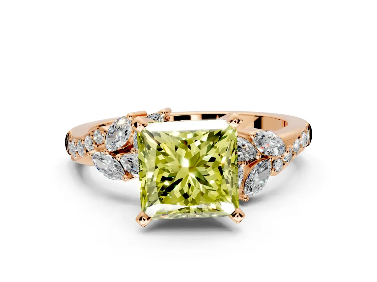 Solitaire Engagement Ring Setting for Fancy Yellow Princess Cut Center with Marquise Accent Twist Band and Prong Head in Rose Gold