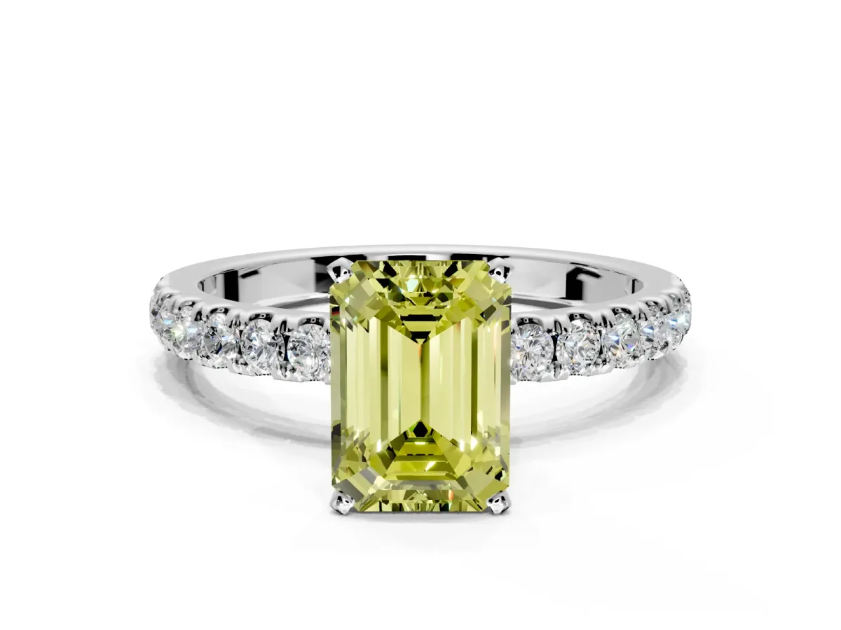 Open Basket Engagement Ring Setting for Fancy Yellow Emerald Cut Center with Pave Band and Prong Head in Platinum